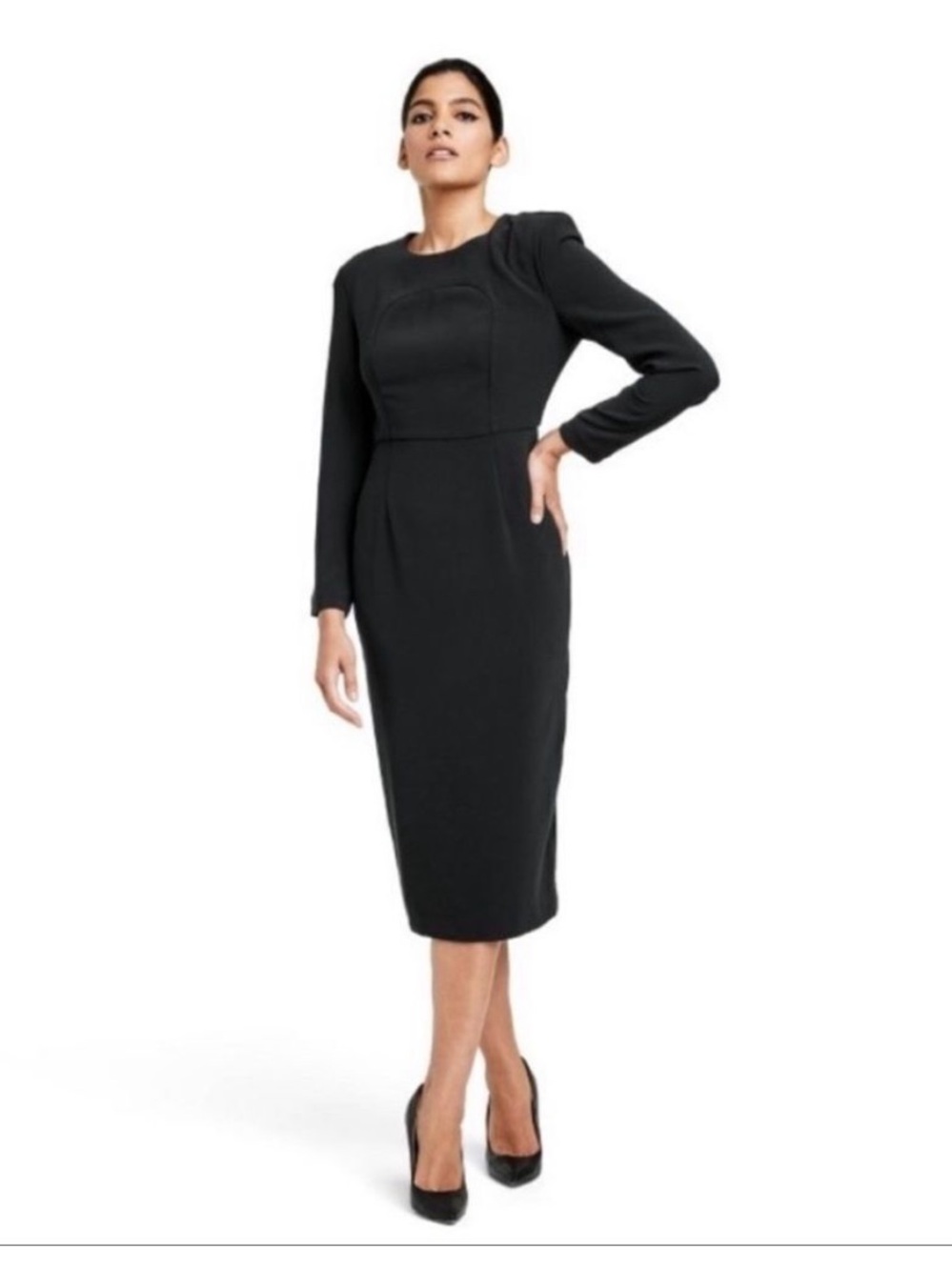 Elegant Black Long-Sleeve Midi Dress